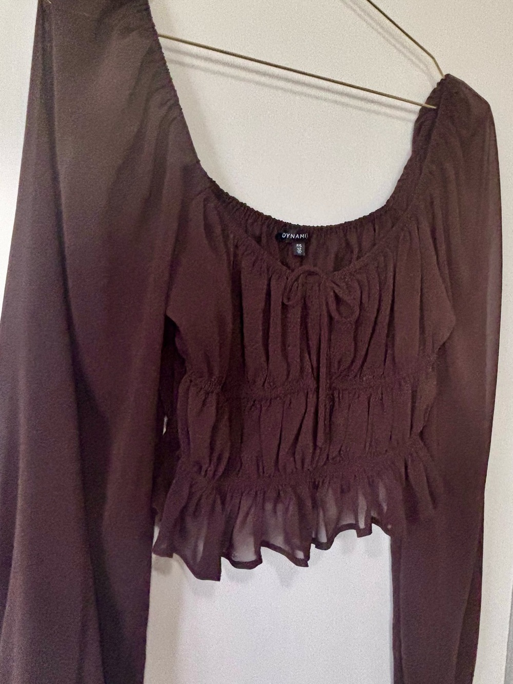 Dynamite| Feminine Brown Smocked Sheer Crop Peasant Blouse Sz S - Picture 3 of 7